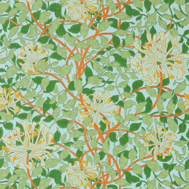 Sky-blue wallpaper with green honeysuckle leaves, cream flowers and burnt-orange winding stems.
