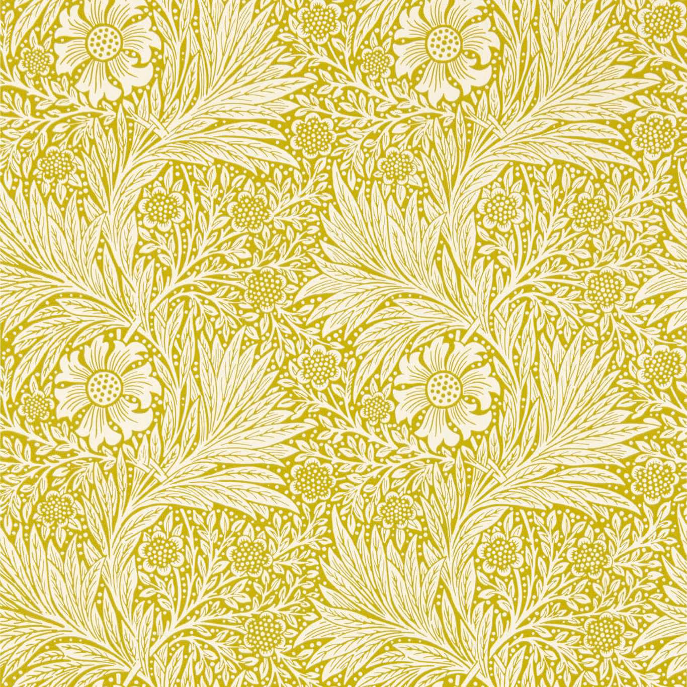 Vivid chartreuse wallpaper with cream daisy-like flowers, leaves and fine botanical linework