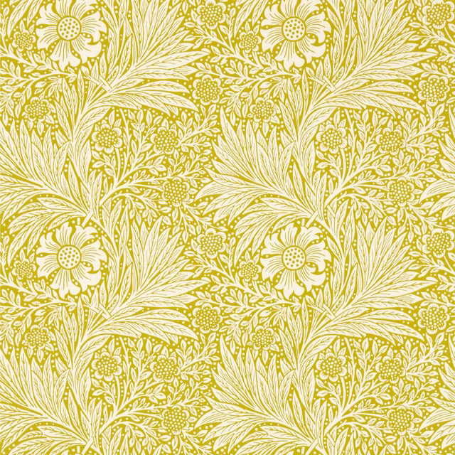 Vivid chartreuse wallpaper with cream daisy-like flowers, leaves and fine botanical linework