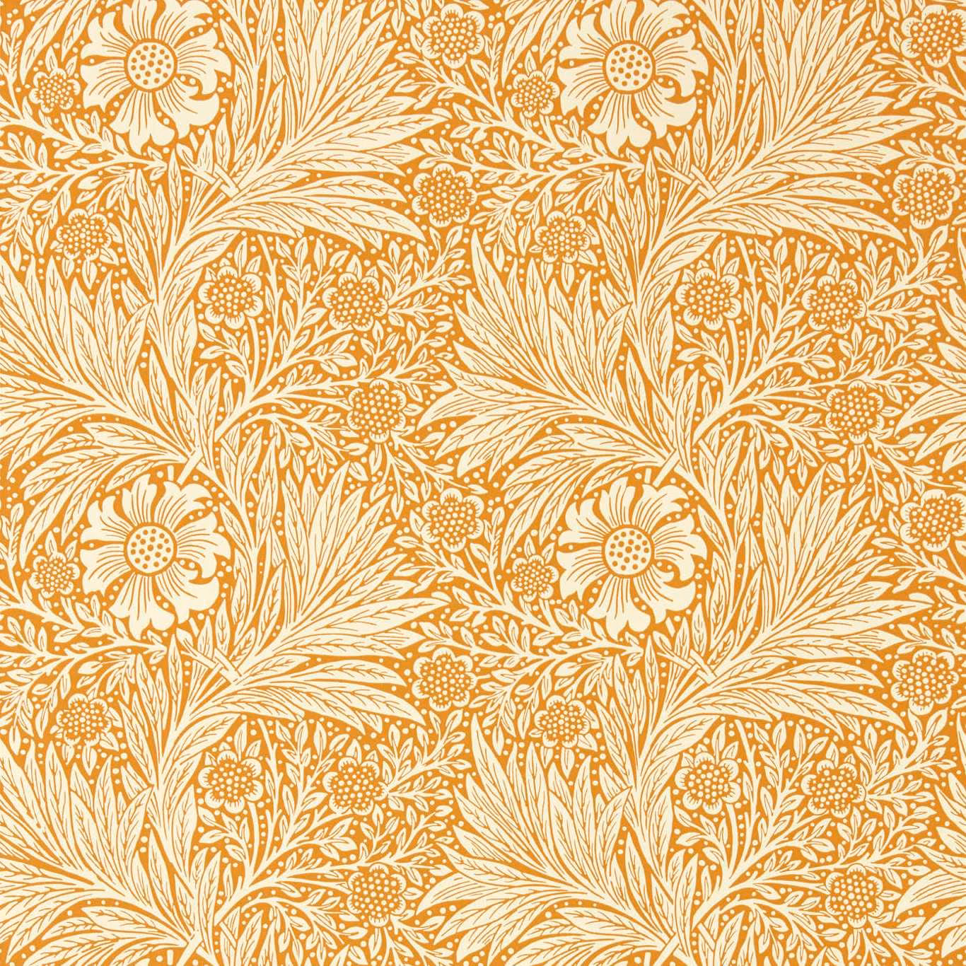 Marigold-orange wallpaper with cream daisies, fine leaves and scrolling botanical detail