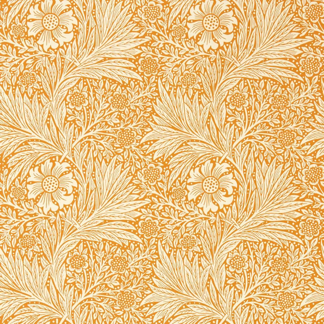 Marigold-orange wallpaper with cream daisies, fine leaves and scrolling botanical detail