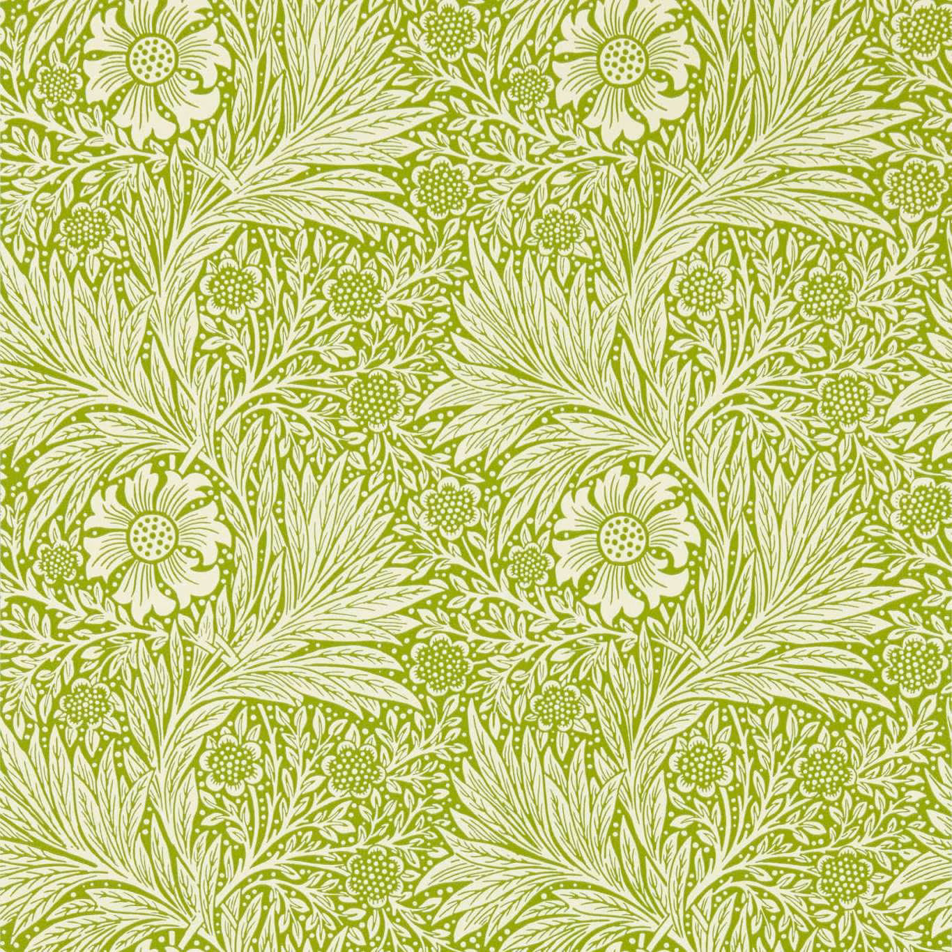 Sap green wallpaper with cream daisies, thistles and sweeping leafy stems