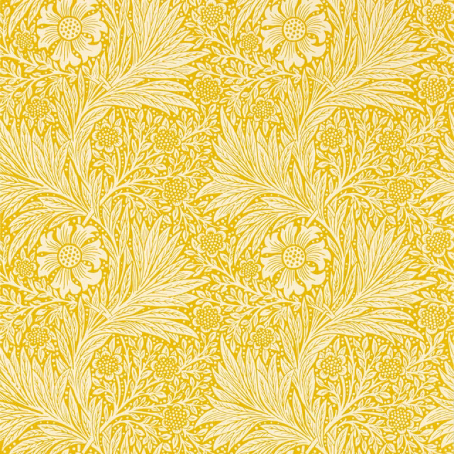 Marigold yellow wallpaper with cream flowers, sweeping leaves and dense botanical repeat