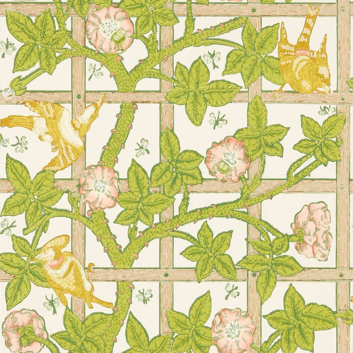 Summer yellow wallpaper with green trellis, leafy vines, pink flowers and yellow birds