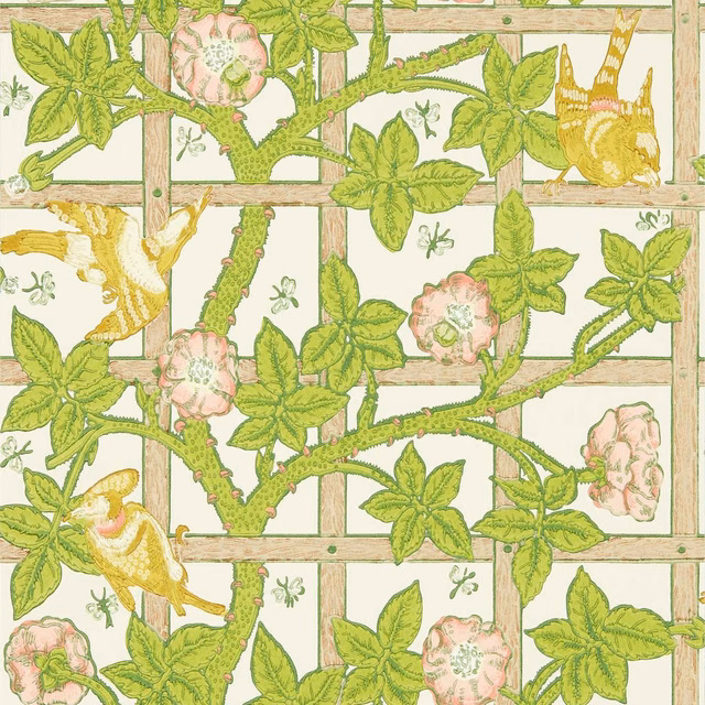 Summer yellow wallpaper with green trellis, leafy vines, pink flowers and yellow birds