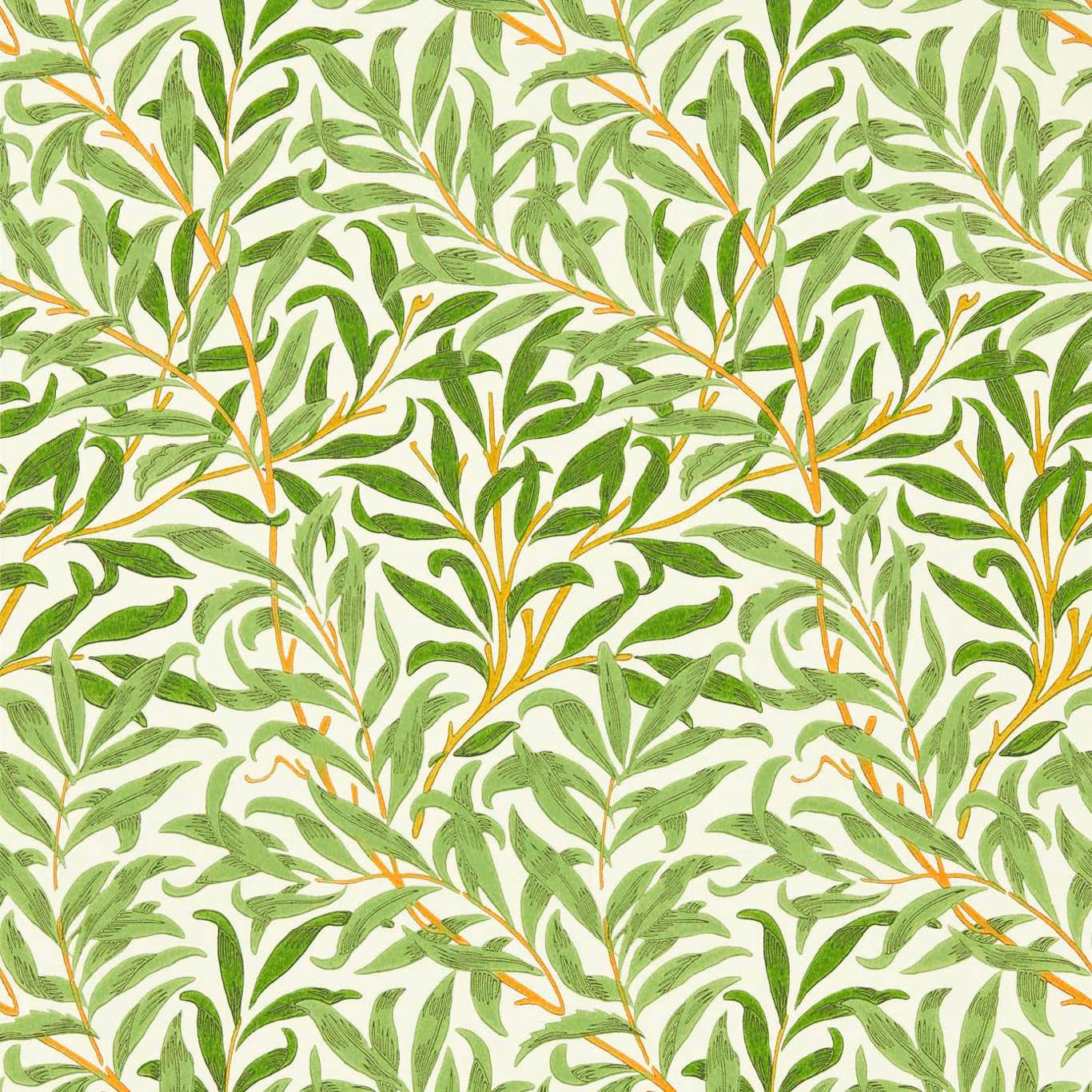 Leafy green willow branches with ochre stems over a softly textured cream ground