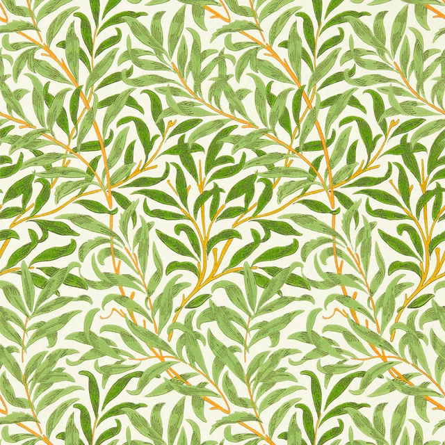 Leafy green willow branches with ochre stems over a softly textured cream ground