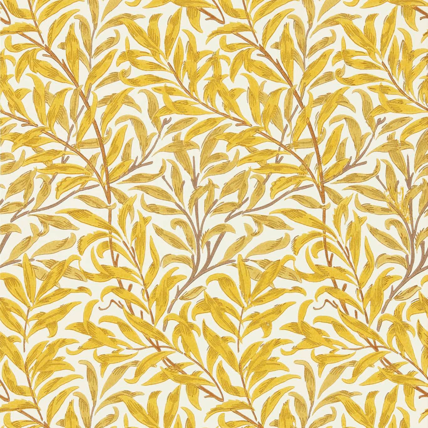 Golden-yellow leafy branches with brown stems on a creamy botanical wallpaper ground