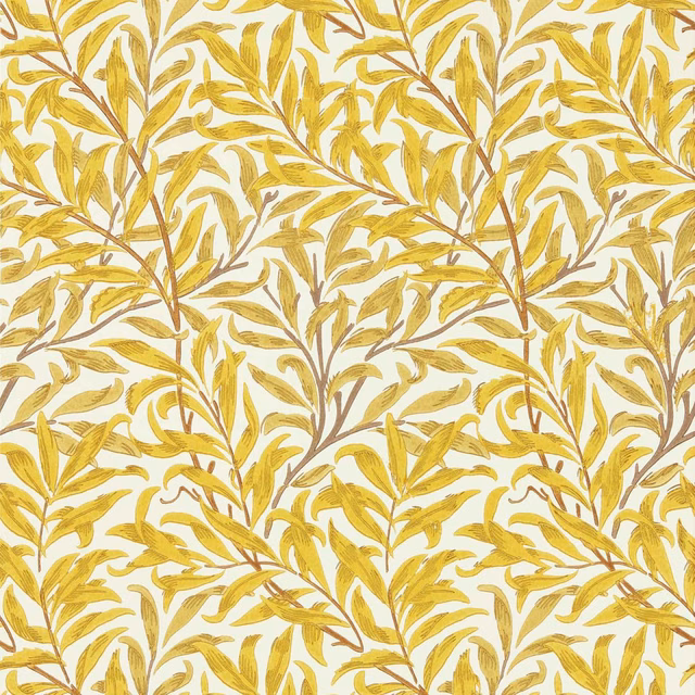 Golden-yellow leafy branches with brown stems on a creamy botanical wallpaper ground