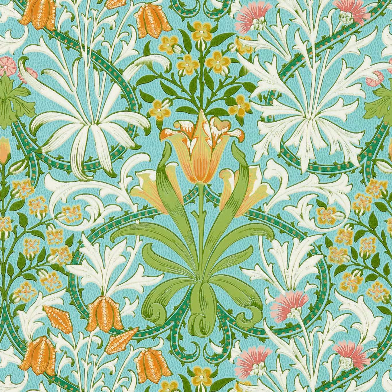 Turquoise wallpaper with orange bells, white lilies and dense green botanical sprays