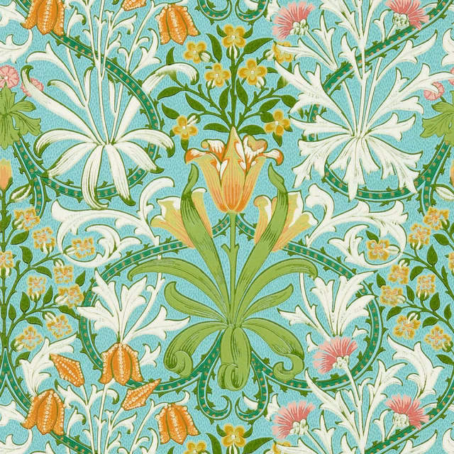 Turquoise wallpaper with orange bells, white lilies and dense green botanical sprays