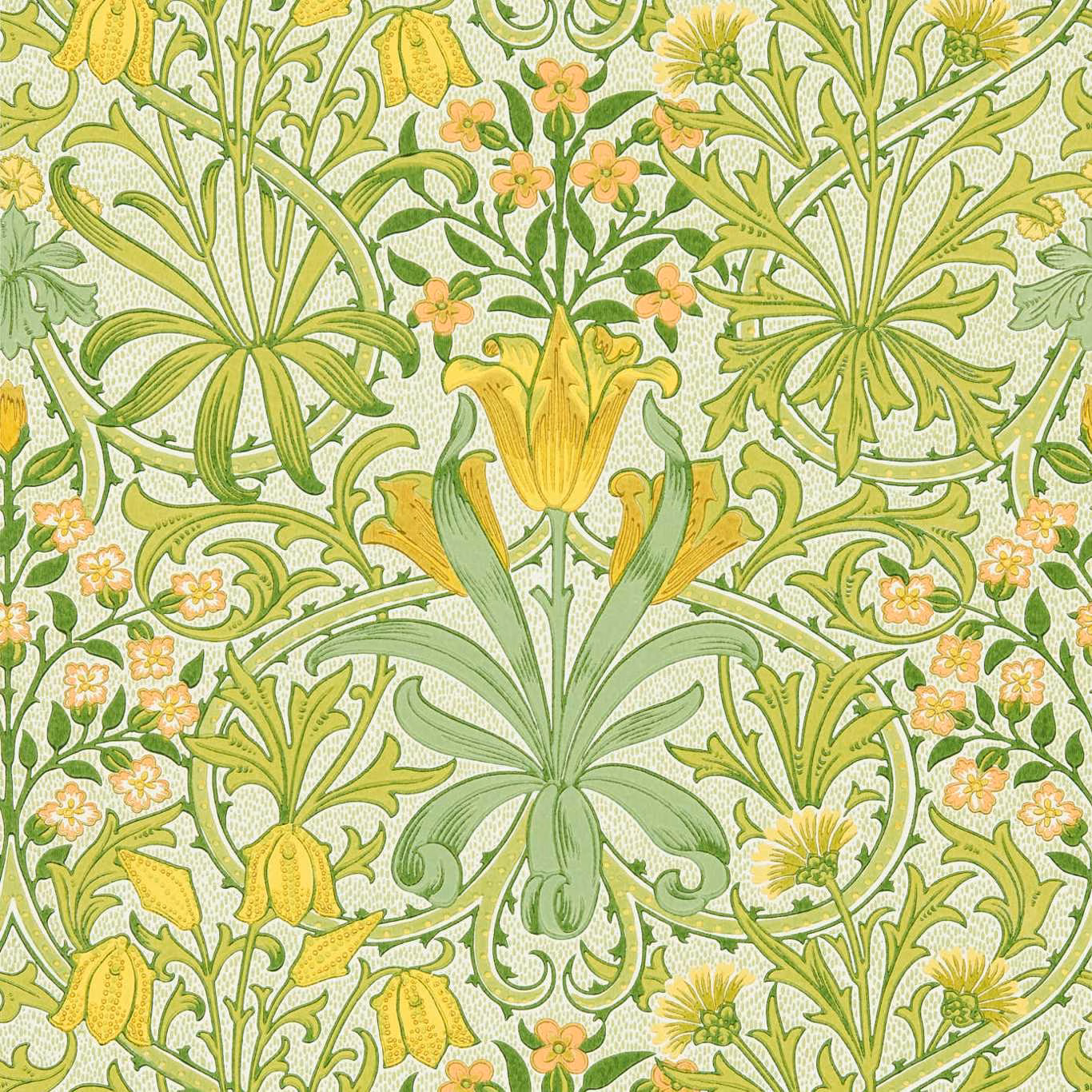Sap green Morris wallpaper with dense scrolling foliage, yellow blooms and peach flowers