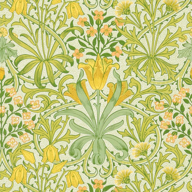 Sap green Morris wallpaper with dense scrolling foliage, yellow blooms and peach flowers