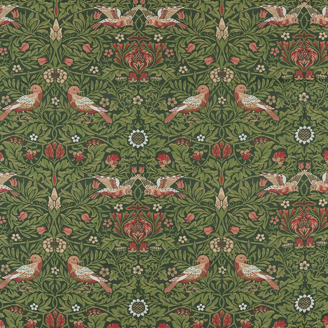 Olive tapestry fabric with perched birds, curling leaves, red flowers and cream details