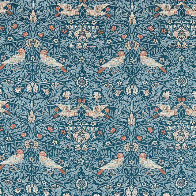 Muted blue tapestry showing paired birds, pale foliage and warm terracotta floral accents