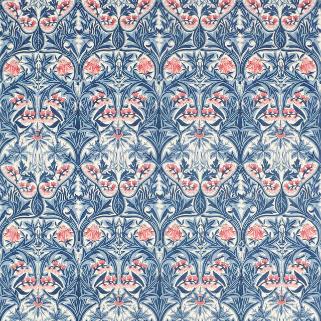 Indigo-blue and rose botanical repeat on a softly cream textile ground