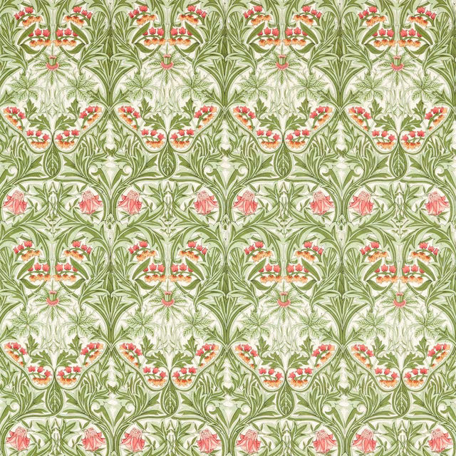 Sage-green botanical fabric with pink blossoms on a pale cream repeating ground