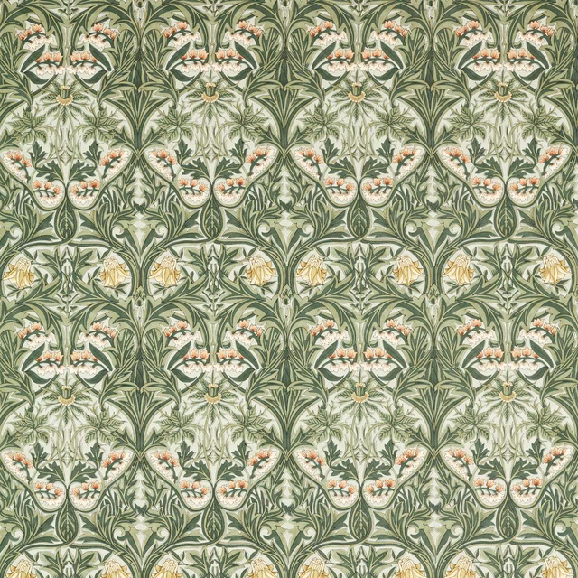 Cool sage and olive leafy arbour fabric with cream, blush and yellow botanical details