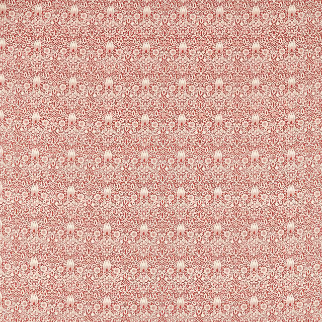Muted berry-red fabric with dense cream scrolling florals and pale bud motifs