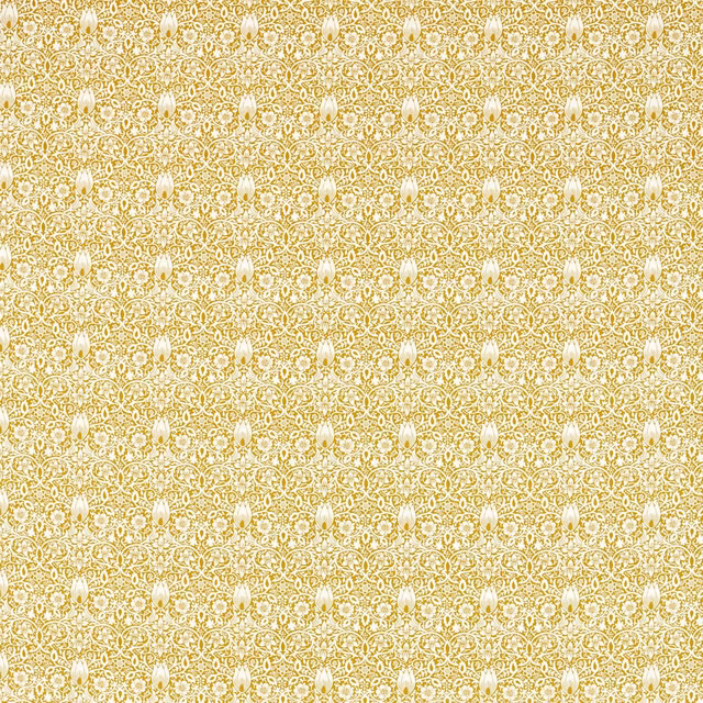 Sunflower-yellow fabric with dense cream scrolling florals and tiny repeating motifs