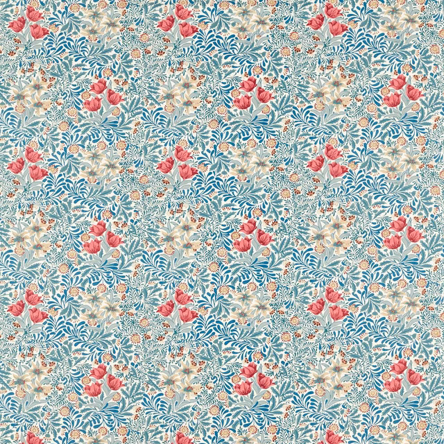 Muted indigo floral fabric with berry blooms, cream sprays and fine blue foliage
