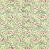 Pale sage botanical fabric with rose blossoms, leafy sprigs and yellow-blue flowers