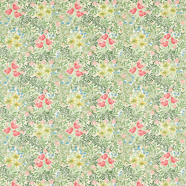 Pale sage botanical fabric with rose blossoms, leafy sprigs and yellow-blue flowers