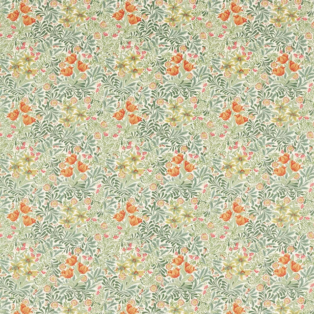Pale sage botanical fabric with rust fruit, cream flowers and fine leafy detail