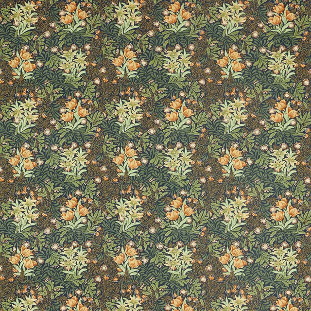 Dense Bower Indigo botanical repeat with sage leaves, cream sprigs and apricot flowers