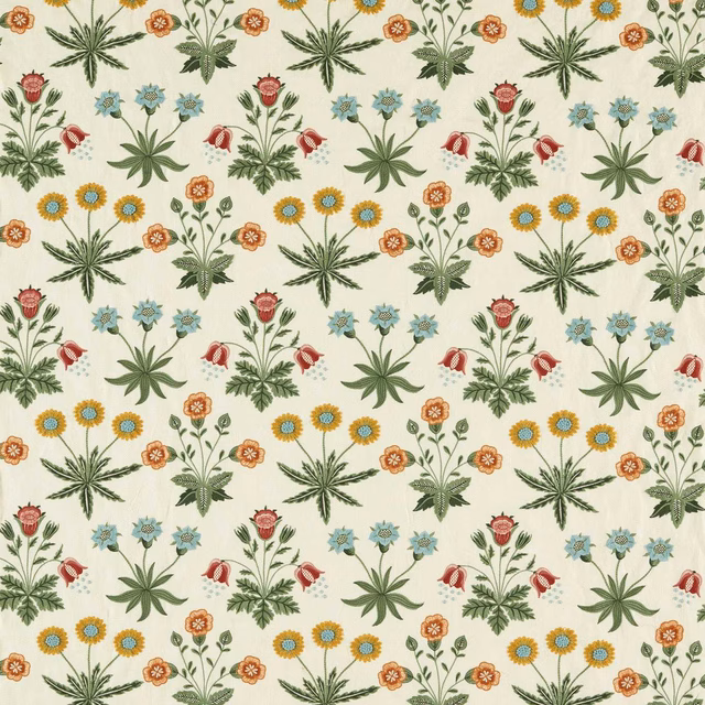 Warm cream floral embroidery with olive leaves, ochre daisies, rust blooms and pale blue flowers