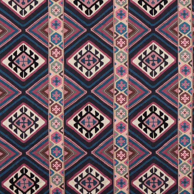 Berry, cream and indigo kilim weave with repeating diamonds and narrow geometric bands