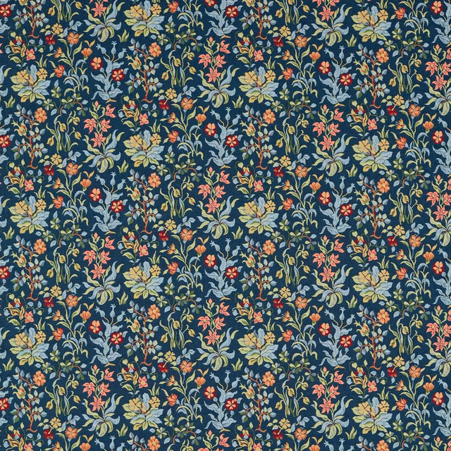 Dense folk floral sprigs in indigo, pale blue, yellow, pink and red