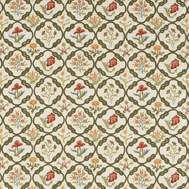 Cream fabric with olive vine lattice, russet blooms and delicate sage floral sprigs