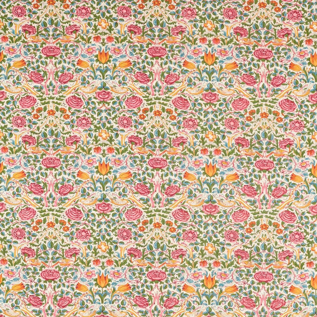 Sage green and rose floral boughs with ochre and blue details on cream