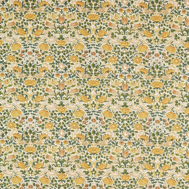 Dense leaf-green and ochre florals with muted rose details on an ivory ground