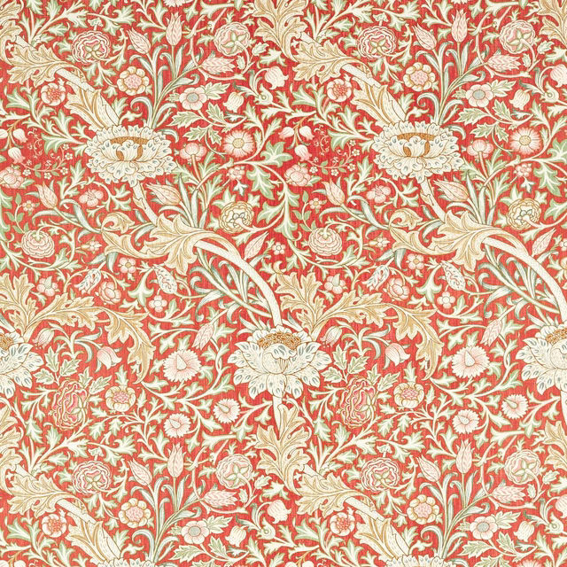 Warm brick-red ground with cream scrolling foliage and dense floral bouquets