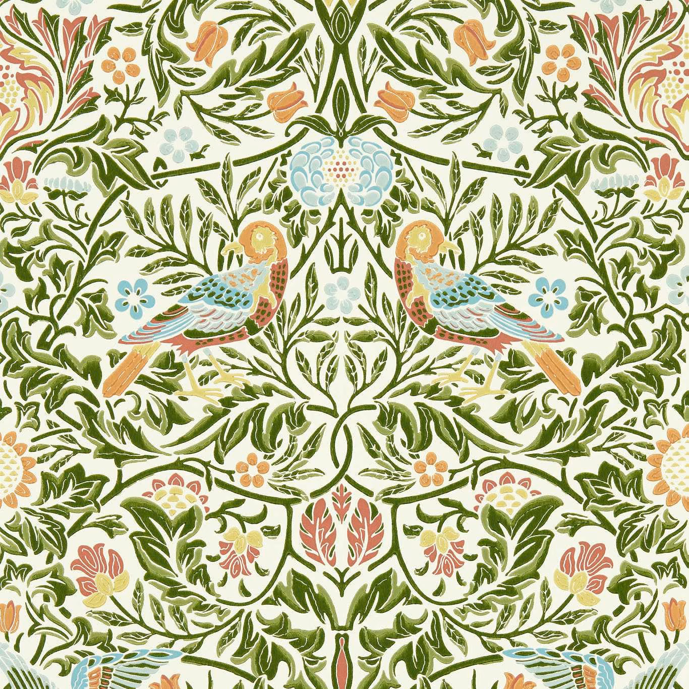 Cream wallpaper with mirrored birds, deep green foliage, blue flowers and coral accents