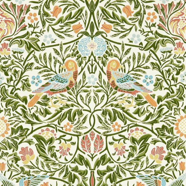 Cream wallpaper with mirrored birds, deep green foliage, blue flowers and coral accents