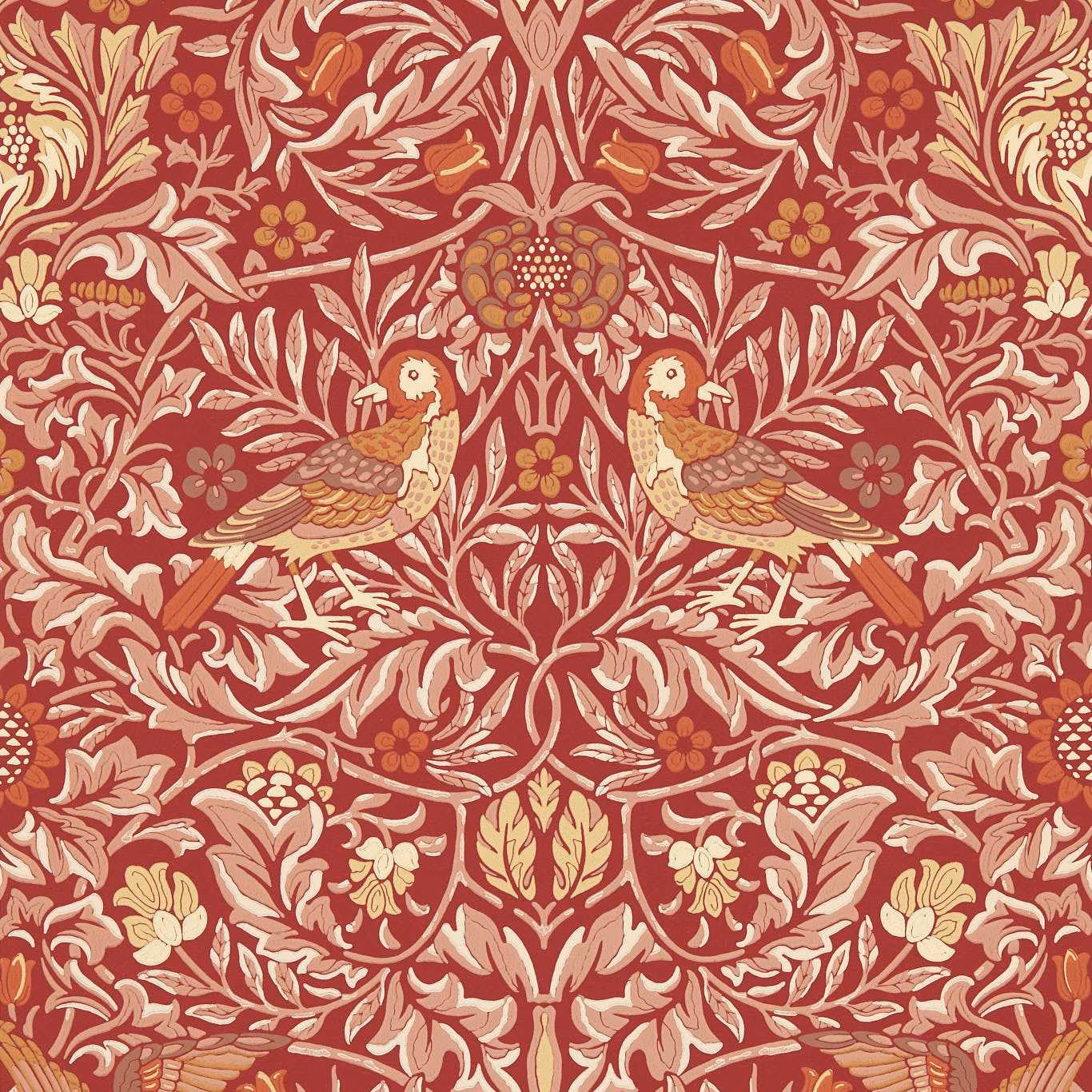 Madder-red wallpaper with mirrored birds, cream foliage and ochre floral details