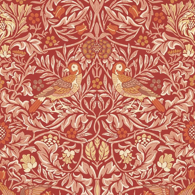 Madder-red wallpaper with mirrored birds, cream foliage and ochre floral details