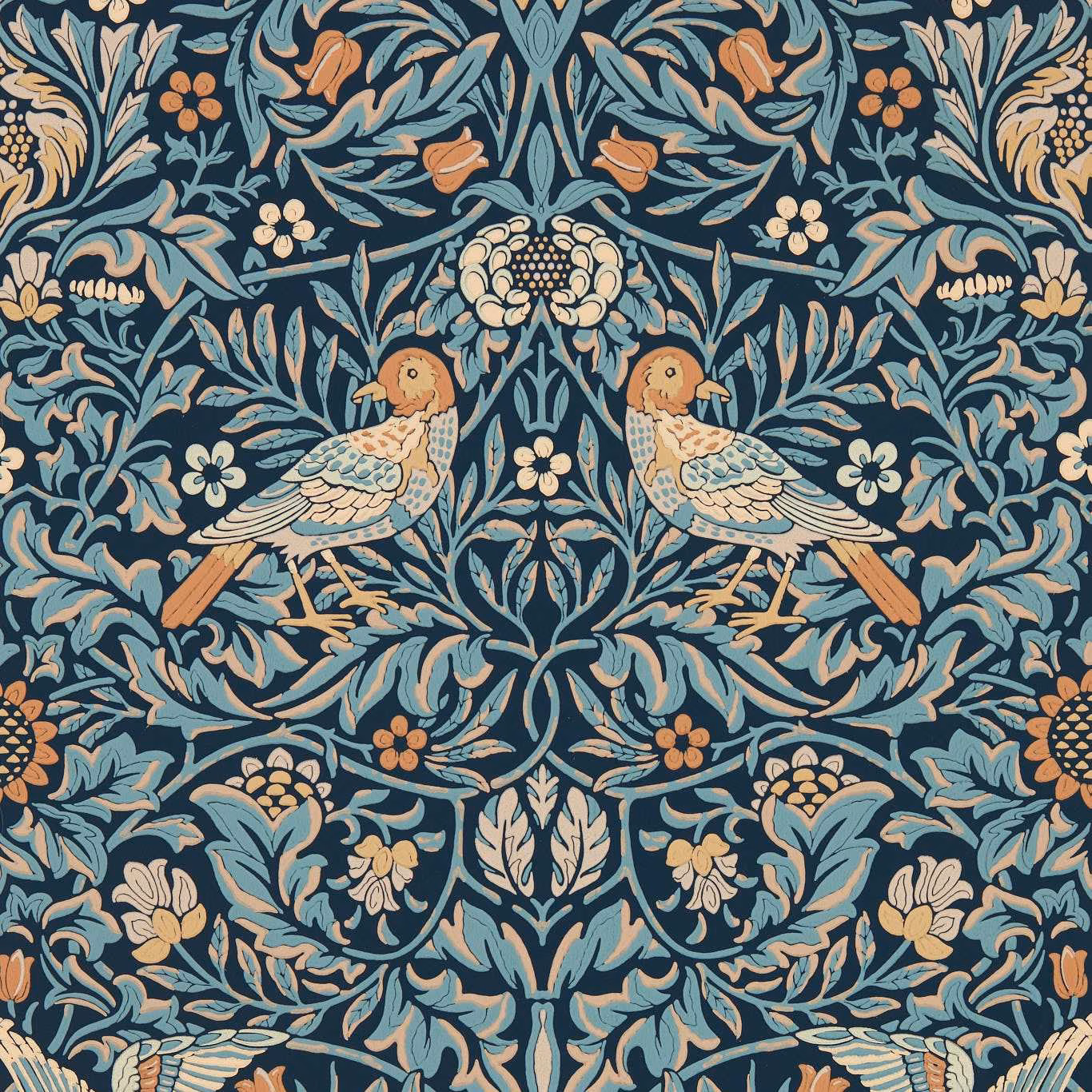 Deep blue wallpaper with paired peach birds and dense teal foliage