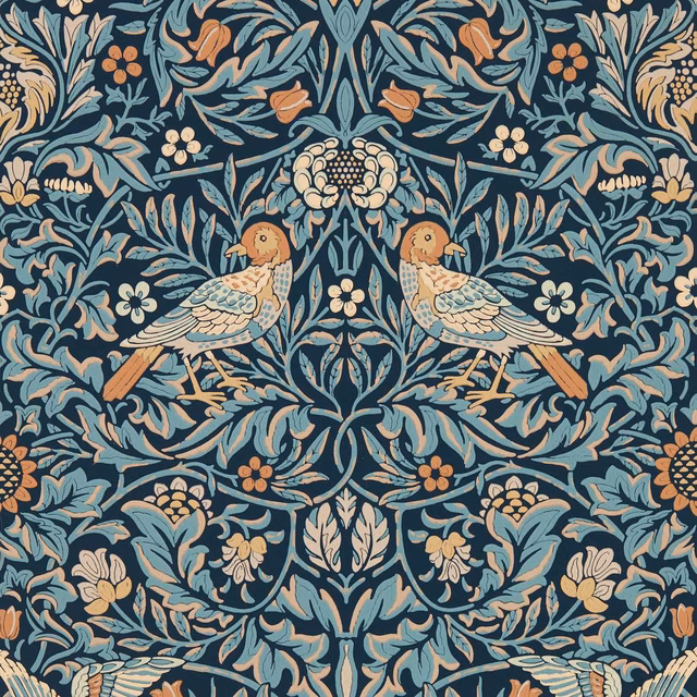 Deep blue wallpaper with paired peach birds and dense teal foliage