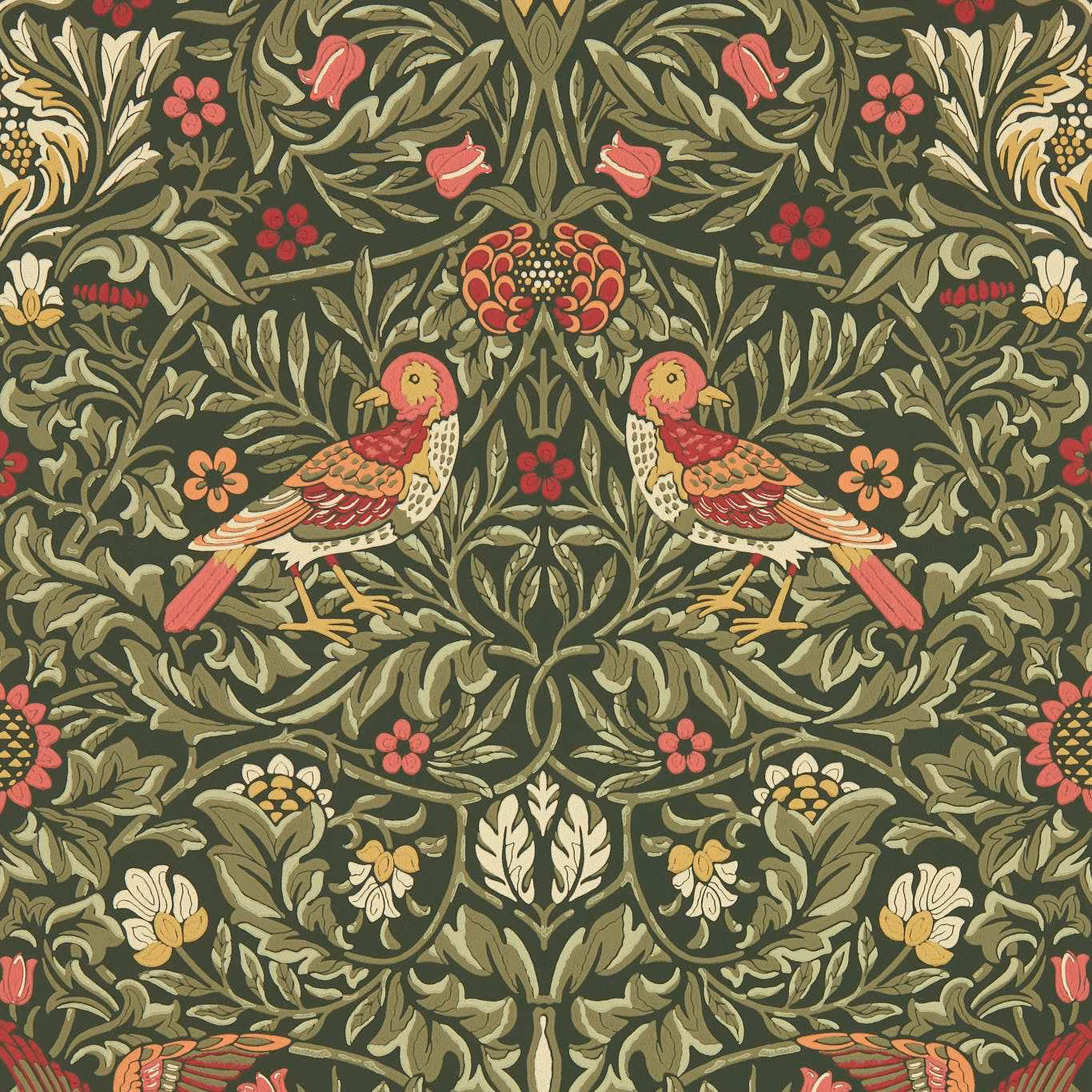 Olive wallpaper with paired red birds, cream foliage and dense floral detail