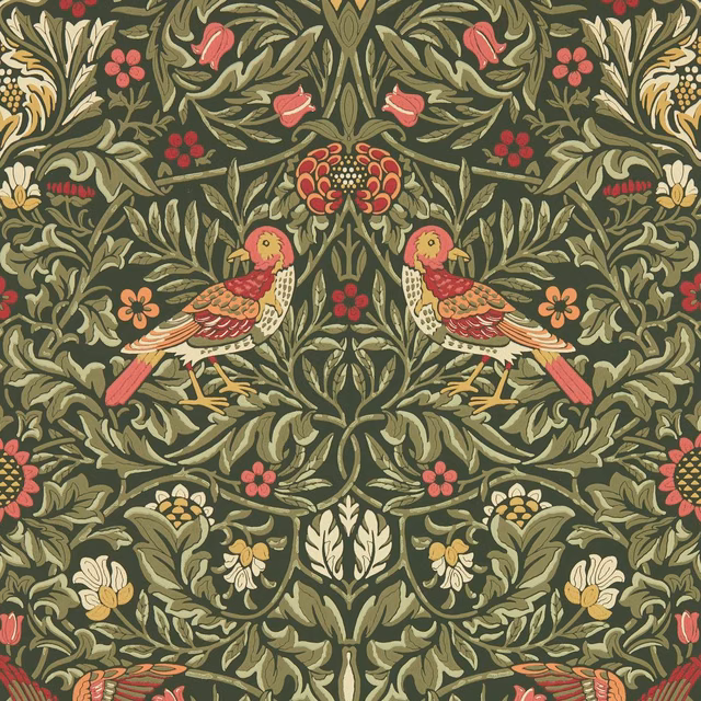 Olive wallpaper with paired red birds, cream foliage and dense floral detail