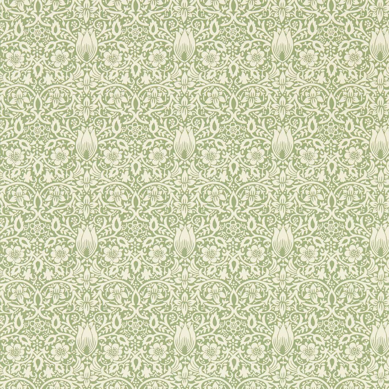 Muted sage wallpaper with cream floral medallions and fine leafy tracery