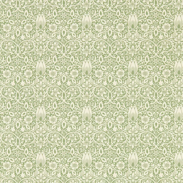 Muted sage wallpaper with cream floral medallions and fine leafy tracery