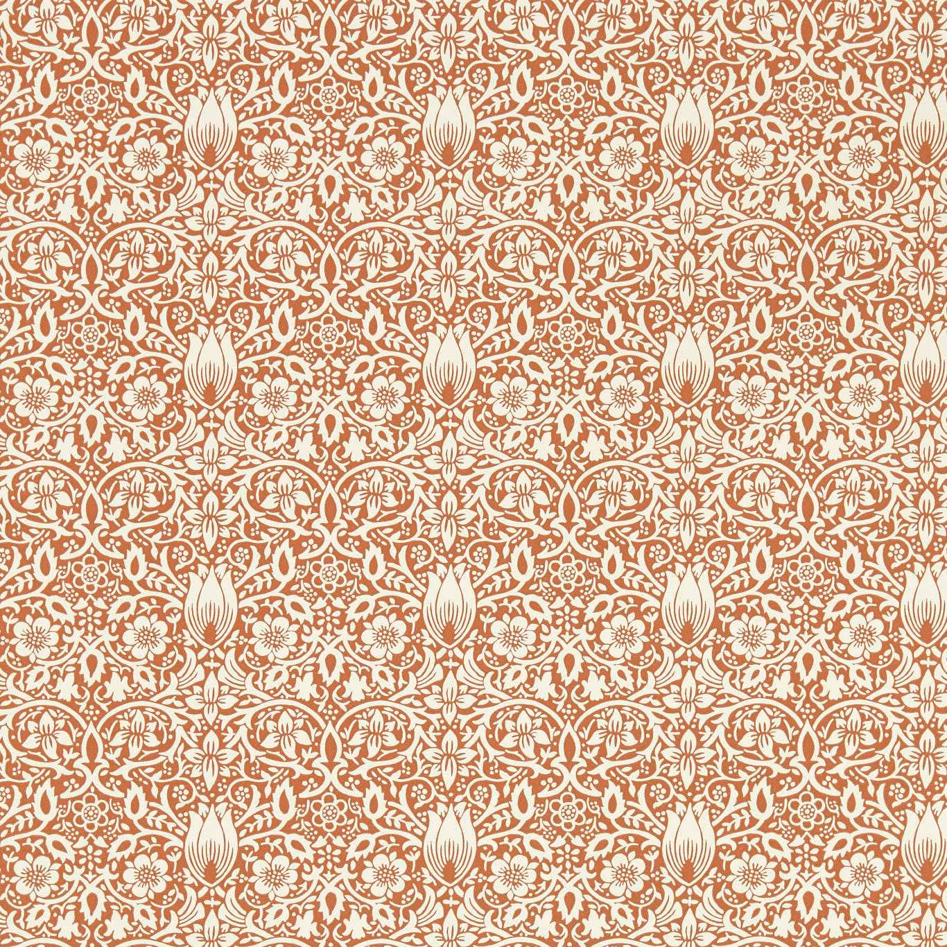 Terracotta-red wallpaper with ivory symmetrical tulip and scrolling floral damask motifs