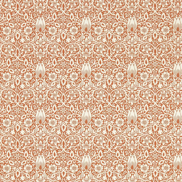 Terracotta-red wallpaper with ivory symmetrical tulip and scrolling floral damask motifs