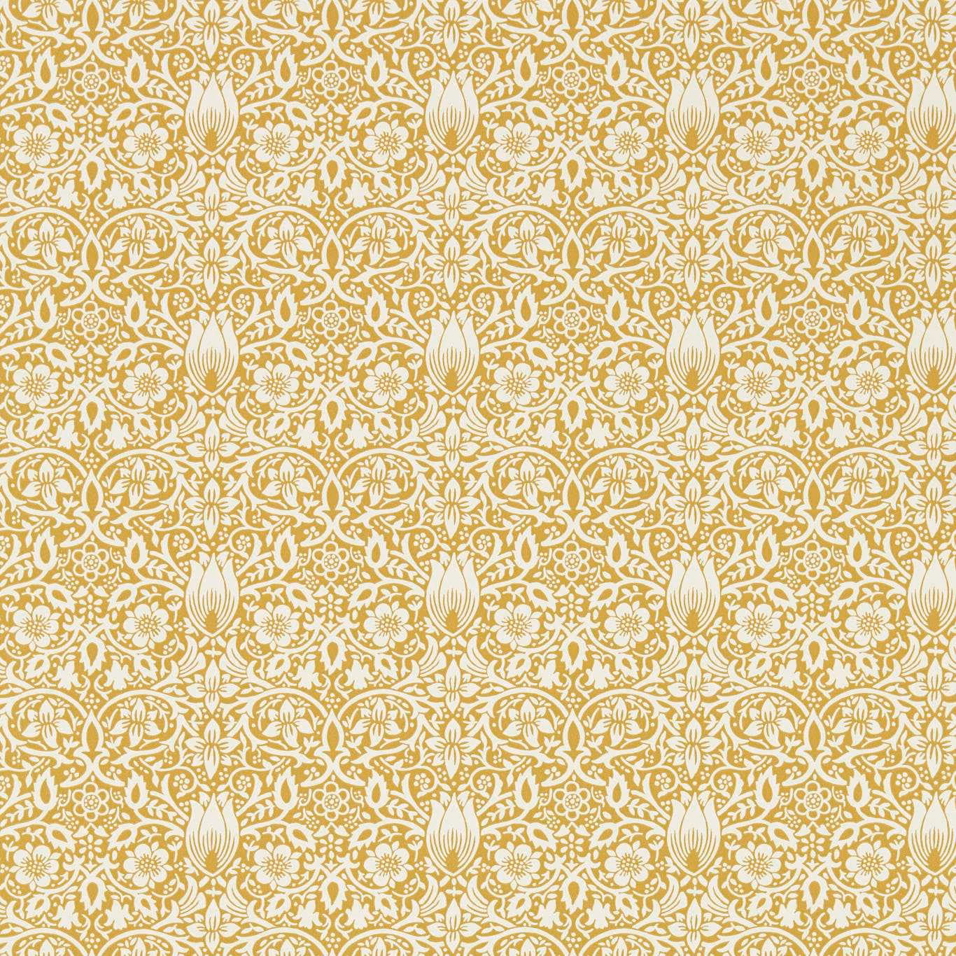 Sunflower-gold wallpaper with ivory scrolling foliage, rosettes and stylised tulips