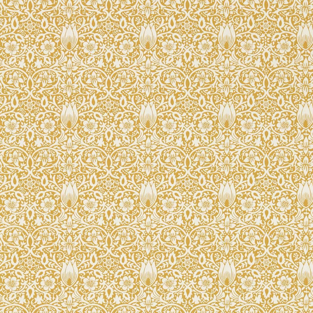 Sunflower-gold wallpaper with ivory scrolling foliage, rosettes and stylised tulips